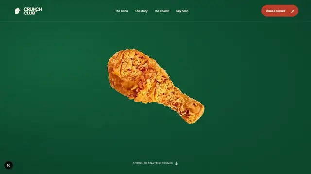 Crunch Club desktop website with a rotating chicken hero, green gradients and editorial food sections