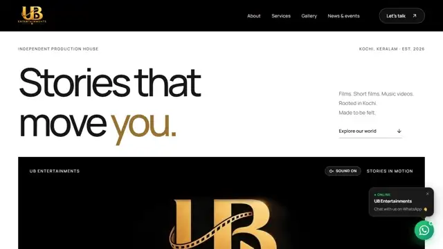 UB Entertainments desktop website with cinematic imagery and black, white and gold styling